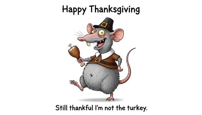 A funny cartoon image of a gray rat dressed in a pilgrim costume with a bloated belly. It is wearing a small pilgrim hat and a white collar and is holding a drumstick. The rat has a goofy expression with a wide smile and buck teeth. The text at the top reads 'Happy Thanksgiving' and the text at the bottom reads 'Still thankful I'm not the turkey.'