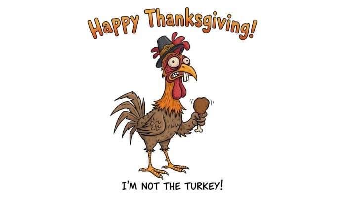 A funny cartoon image of a scrawny rooster wearing a pilgrim hat. The rooster has a large, lumpy comb and wattle, beady eyes, and is holding a small turkey leg. The text at the top reads 'Happy Thanksgiving!' and the text at the bottom reads 'I'm not the turkey!'