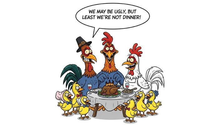 A funny cartoon image of a family of roosters and chicks gathered around a Thanksgiving dinner table. The father rooster wears a pilgrim hat, the mother hen wears an apron, and the chicks are wearing various small accessories. They are all ugly with funny expressions and are gathered around a small table with a burnt turkey. A speech bubble above them says, 'WE MAY BE UGLY, BUT AT LEAST WE'RE NOT DINNER!'