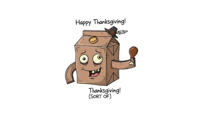 A funny cartoon image of a brown carton with googly eyes, a goofy grin with crooked teeth, and a small pilgrim hat. The carton's flaps are acting as arms, and it is holding a tiny turkey leg. The text above it reads, 'Happy Thanksgiving!' and the text below it reads, 'Thanksgiving! (SORT OF)'.