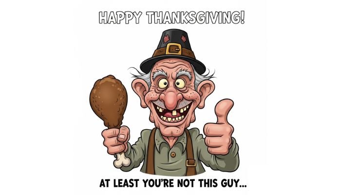 A funny cartoon image of an ugly old man with a large nose, a wide toothy grin with missing teeth, and big ears. He is wearing a pilgrim hat and suspenders, holding a large turkey leg in one hand and giving a thumbs-up with the other. The text at the top reads 'Happy Thanksgiving!' and the text at the bottom reads 'AT LEAST YOU'RE NOT THIS GUY...'