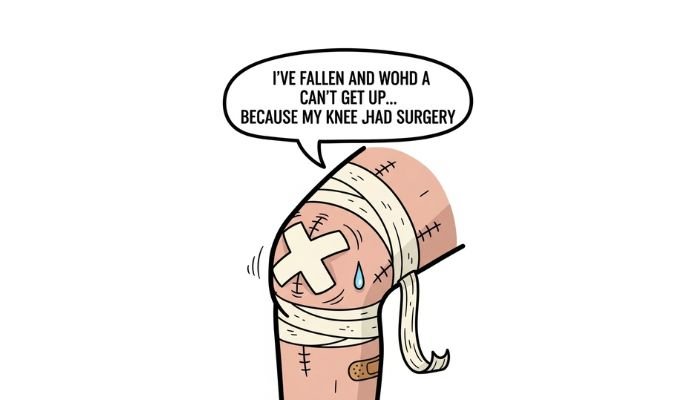 A humorous cartoon meme featuring a knee with exaggerated, comical bandaging and stitches. A speech bubble above the knee contains the text "I've fallen and I can't get up... because my knee just had surgery."