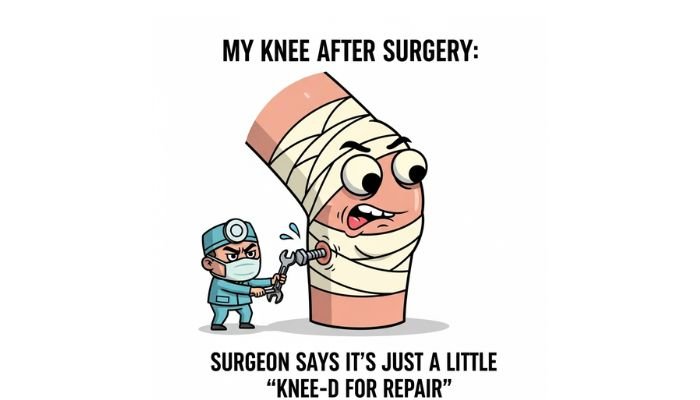 A funny cartoon meme of a knee with a large, exaggerated bandage, googly eyes, and a comical grimace. A tiny surgeon character is struggling to pull a miniature wrench from a bolt sticking out of the knee. The text reads, "My Knee After Surgery:" and "Surgeon Says It's Just a Little 'Knee-d For Repair'."