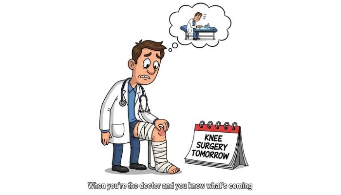 A funny cartoon meme featuring a doctor with a worried expression, his knee heavily bandaged and propped up, staring at a calendar marked "Knee Surgery Tomorrow." He is wearing a white lab coat and a stethoscope. A thought bubble above his head contains a tiny, anxious cartoon figure of himself on an operating table.