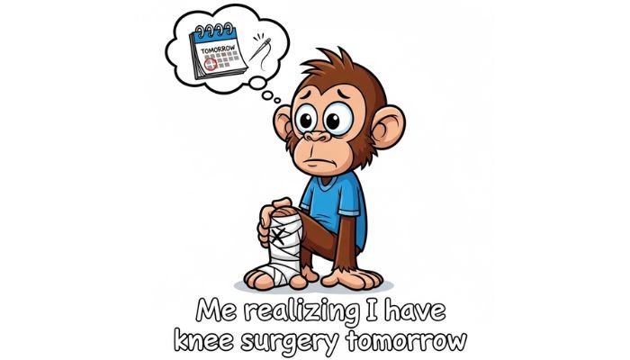 A funny Knee Surgery Meme of a monkey with a worried and goofy expression. Its knee is wrapped in a large bandage, and a thought bubble shows a calendar with tomorrow's date circled and a needle and thread. The text reads, "Me realizing I have knee surgery tomorrow."
