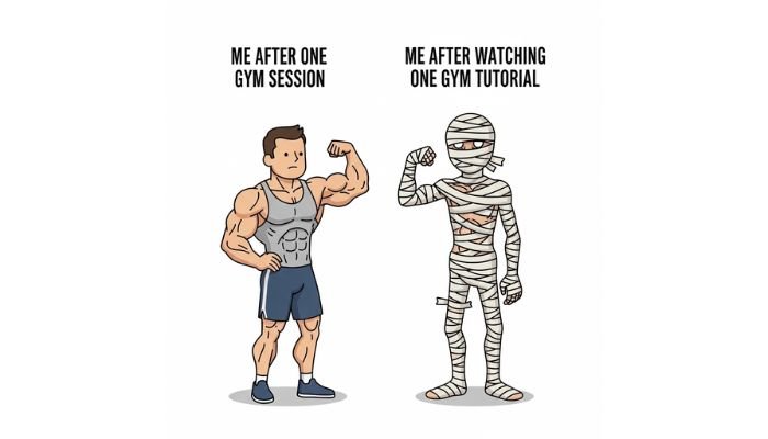 A funny cartoon meme comparing a muscular athlete and a guy wrapped in bandages. The athlete is flexing a bicep confidently, and the bandaged man is attempting to do the same, with a humorous caption above each.