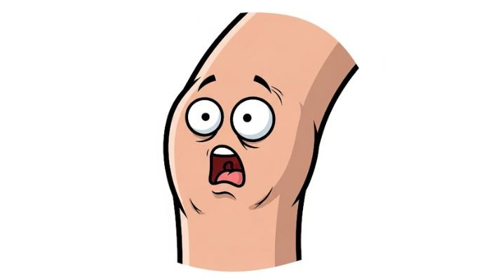 A funny cartoon meme featuring a knee with wide, exaggerated eyes and a dropped-open mouth, portraying a shocked expression.