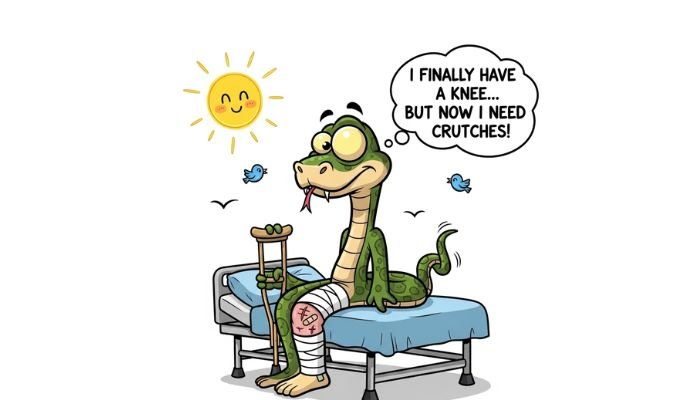 A humorous cartoon meme of a snake with a bandaged knee and a surgical scar. The snake sits upright on a hospital bed, its tail coiled around a crutch. A thought bubble above its head reads, "I finally have a knee... but now I need crutches!"