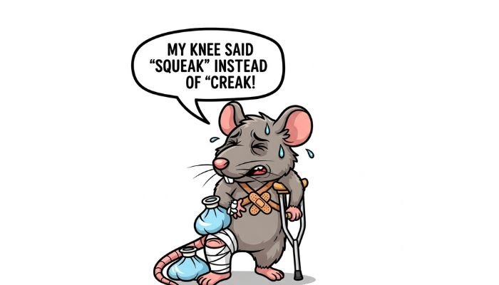A funny cartoon meme featuring a rat with a bandaged knee, wearing a small ice pack, and leaning on a tiny crutch. A speech bubble above its head reads, "My knee said 'squeak' instead of 'creak'!"