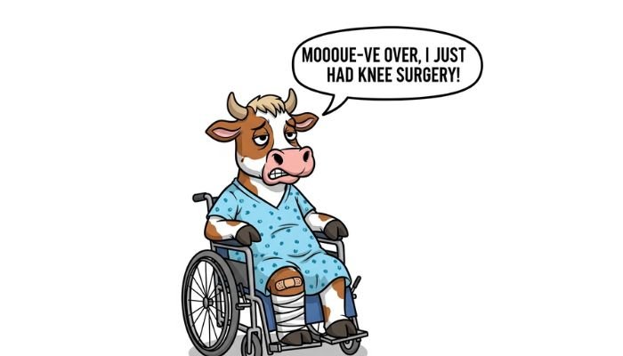 A funny cartoon meme featuring a cow with a bandaged knee, wearing a hospital gown and sitting in a wheelchair. A speech bubble above its head reads, "Moooo-ve over, I just had knee surgery!"