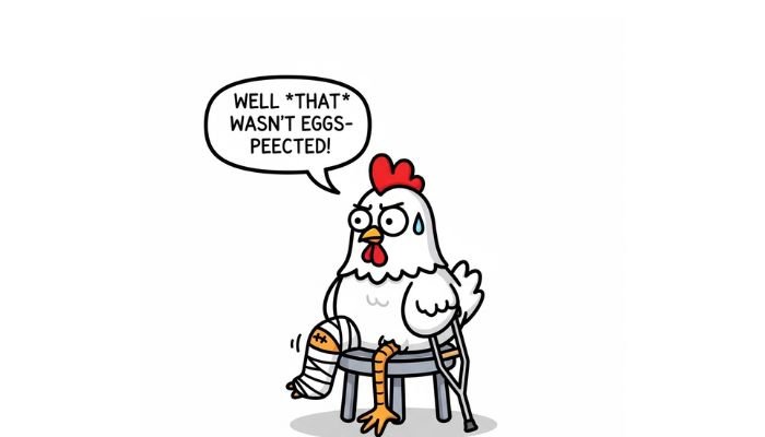A funny cartoon meme featuring a hen with a bandaged knee and a tiny crutch, sitting on a stool. A speech bubble above its head reads, "Well that wasn't eggs-pected!"