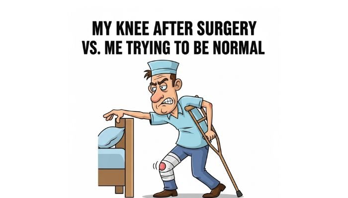A funny, light-hearted cartoon meme featuring a man who has recently undergone knee surgery. He is depicted in a whimsical, exaggerated style, possibly with a bandage or brace on his knee.