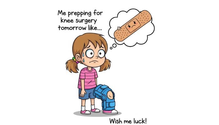 A funny cartoon meme featuring a young girl with a worried expression. She has a large blue knee brace on her leg and a thought bubble above her head with a sad-looking cartoon band-aid. The text reads, "Me prepping for knee surgery tomorrow like..." and "Wish me luck!".