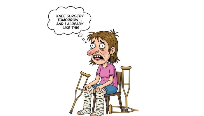 A funny cartoon meme of a young woman with a comically exaggerated, unattractive appearance. She has a large nose, crooked teeth, and messy hair, and is sitting with heavily bandaged knees. A thought bubble above her head contains the text "Knee Surgery Tomorrow... and I already look like this."