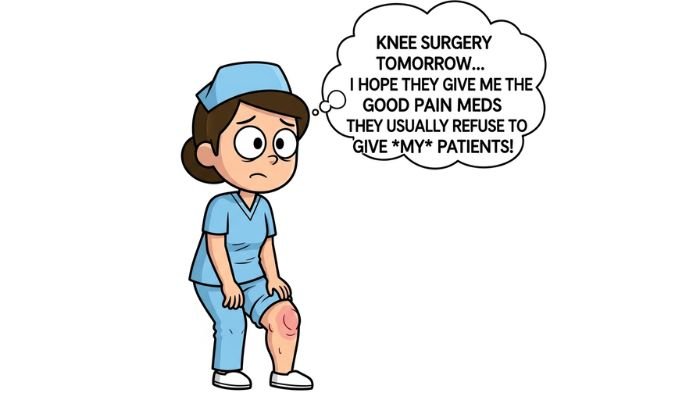 A humorous cartoon meme featuring a nurse with a swollen knee. A thought bubble above her head reads, "Knee surgery tomorrow... I hope they give me the good pain meds they usually refuse to give my patients!"