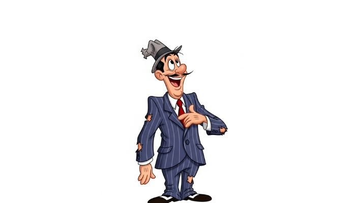 A funny cartoon resembling Cantinflas, with a wide, expressive smile. He is wearing an oversized, tattered pinstripe suit, a small crumpled fedora, and has a thin, distinctive mustache.