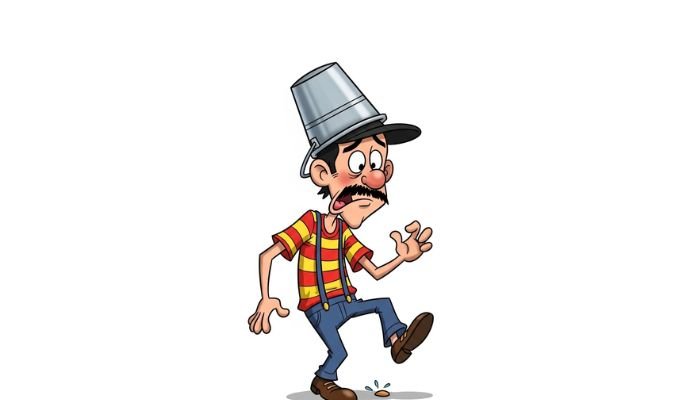 A funny cartoon in the style of El Chavo Animado, featuring a character that resembles El Chavo, with his signature striped t-shirt, suspenders, and cap. He has a bucket on his head and looks surprised.