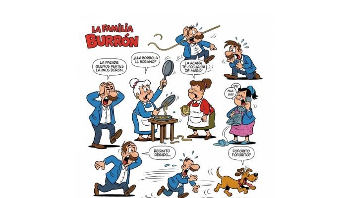 A humorous cartoon in the distinctive style of "La Familia Burrón", depicting a chaotic and lively scene with several characters. Don Regino, Doña Borola, and other family members are shown in various humorous poses, with speech bubbles containing dialogue in Spanish.