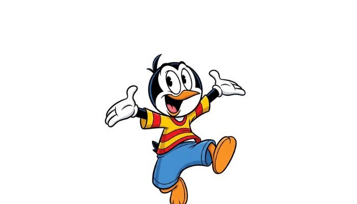 A funny cartoon of a penguin-like character, resembling Memin Pinguin, with a round head, large eyes, and a wide, mischievous grin. He is wearing a striped shirt and oversized shorts and appears to be jumping with his arms spread out.