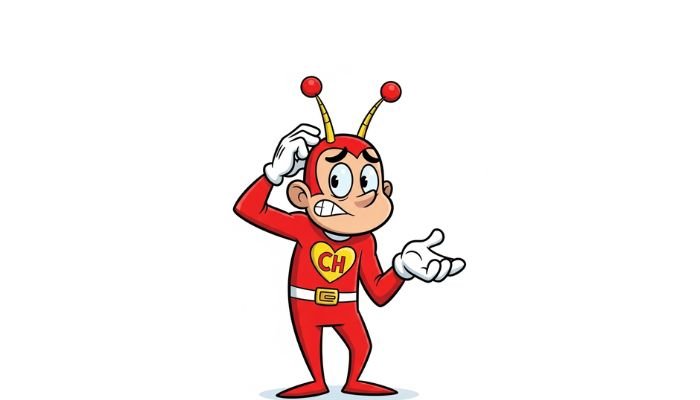 A funny cartoon of El Chapulín Colorado looking confused, scratching his head. He is wearing a red suit with a yellow heart emblem that has the letters 'CH' inside and has yellow antennae with red balls on top.
