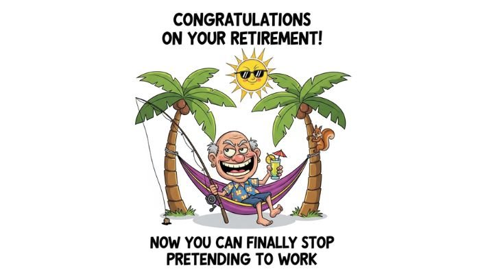 A funny cartoon meme for a coworker about retirement and long meetings.