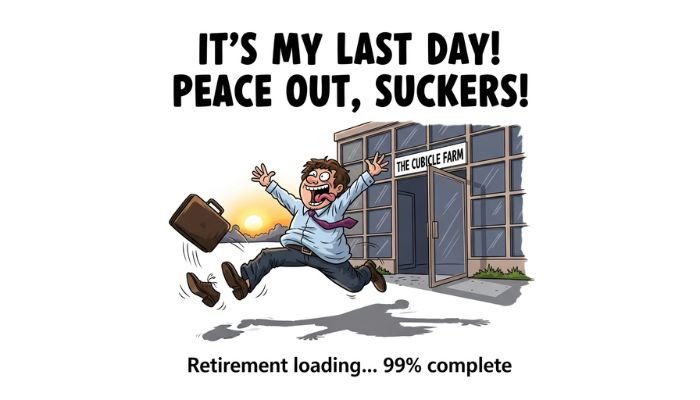 A funny cartoon meme about a last day of work and retirement.