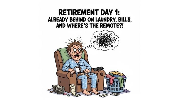 A funny cartoon meme about the first day of retirement.