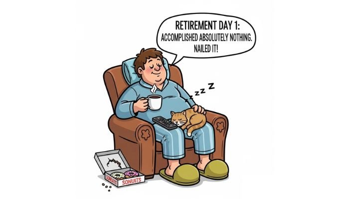 A funny cartoon meme about the first day of retirement and naps.