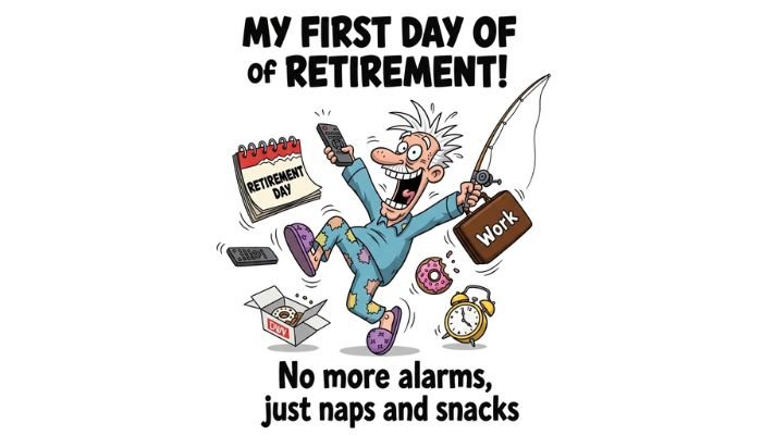 A funny cartoon meme about the first day of retirement and naps.