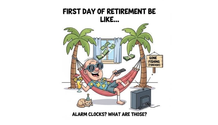 A funny cartoon meme about the first day of retirement and newfound free time.