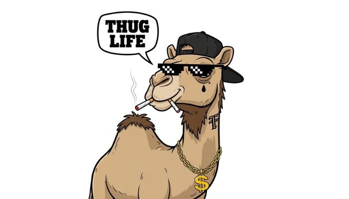 A funny Thug Life Meme cartoon of a camel wearing Thug Life-style sunglasses and a gold chain.