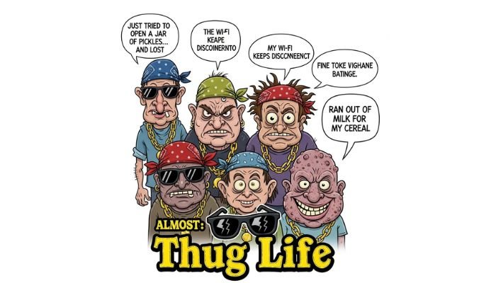 A cartoon image in the style of a "Thug Life" meme, featuring a group of five exaggeratedly ugly people with comical facial expressions. They are wearing bandanas, sunglasses, and gold chains. Speech bubbles contain funny text about mundane problems, and the text "ALMOST: Thug Life" is at the bottom.