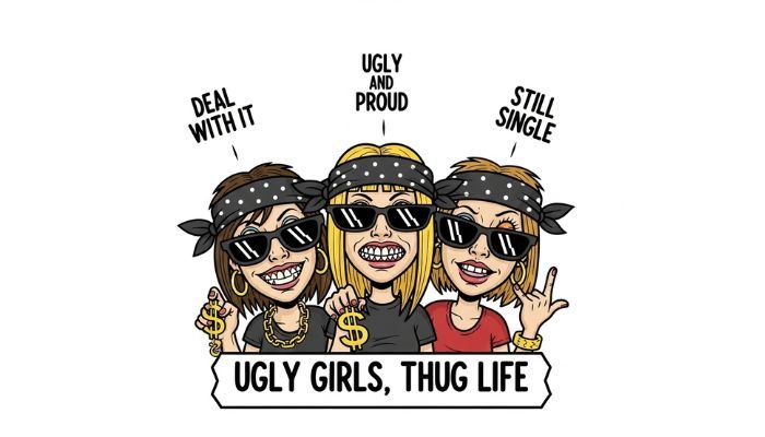A cartoon of three girls with exaggerated facial features and "Thug Life" accessories like bandanas, sunglasses, and gold chains. Speech bubbles contain text like "DEAL WITH IT" and "STILL SINGLE." The text "UGLY GIRLS, THUG LIFE" is below them.