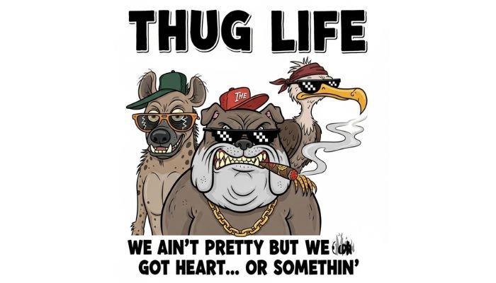 A cartoon image of a bulldog, a hyena, and a buzzard, all wearing Thug Life accessories like sunglasses, bandanas, and gold chains. The bulldog has a cigar in its mouth. The text says "THUG LIFE" and "WE AIN'T PRETTY BUT WE GOT HEART... OR SOMETHIN'".