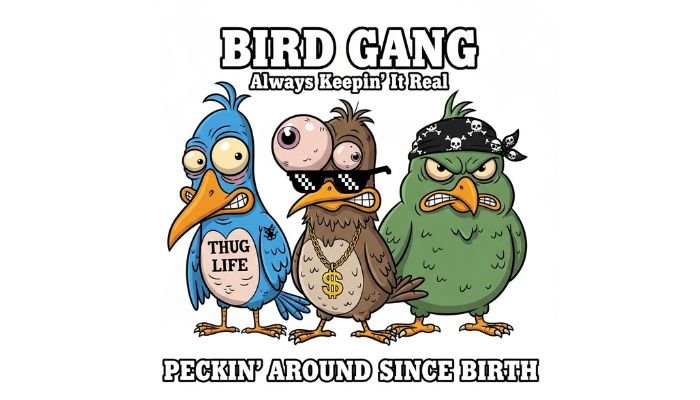 A cartoon image of three ugly birds, one with a "THUG LIFE" tattoo, another with sunglasses and a gold chain, and a third with a bandana. The text says "BIRD GANG" and "PECKIN' AROUND SINCE BIRTH."