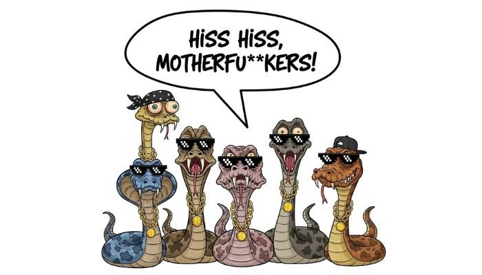 A cartoon of two ugly snakes wearing Thug Life accessories like sunglasses, a backward cap, and gold chains. A speech bubble contains the text "Hiss Hiss, Motherfiss."