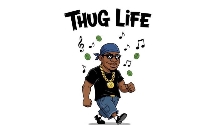 A funny cartoon of a black man with "Thug Life" accessories walking confidently.
