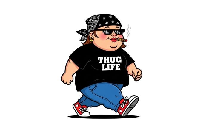 A funny cartoon of a chubby girl walking with a "Thug Life" theme, wearing a bandana, sunglasses, and a cigar.