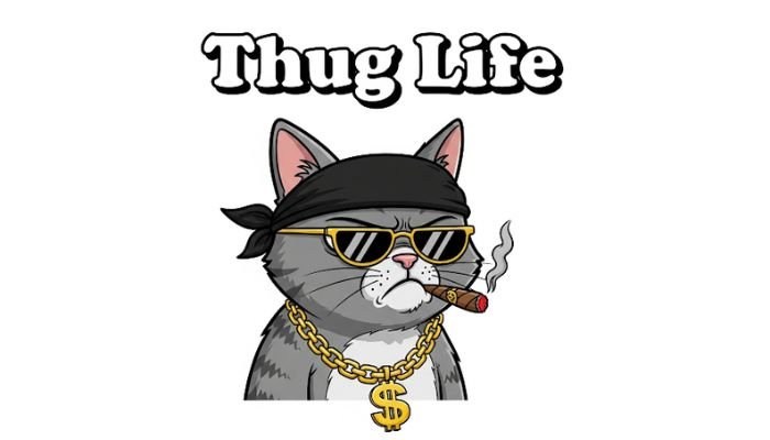 A "Thug Life" meme-style cartoon of a grumpy cat with a cigar, bandana, and gold chain.