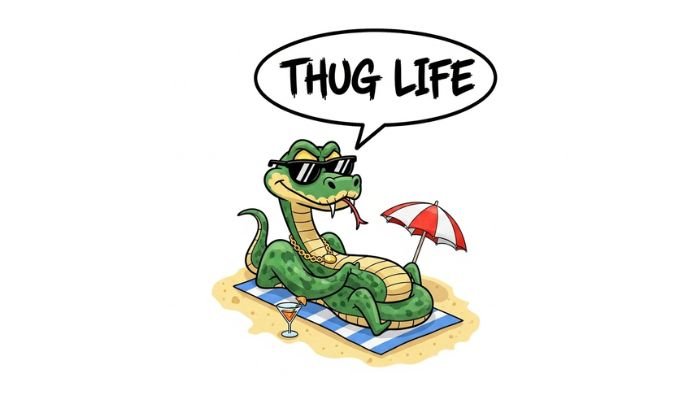 A "Thug Life" meme-style cartoon of a snake with a cigar on a miniature beach towel.