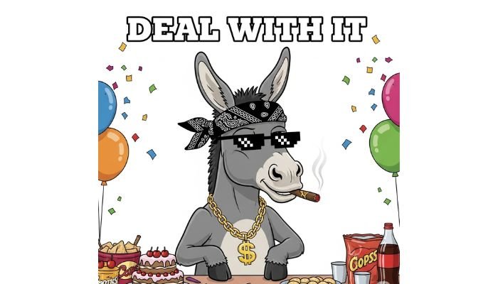 A cartoon image of a donkey wearing Thug Life sunglasses and a gold chain, with a cigar in its mouth, standing behind a party table. The text "DEAL WITH IT" is at the top.