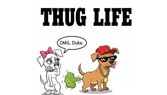 A cartoon of a male dog wearing Thug Life accessories, farting a green cloud while a female dog with a pink bow looks on with a disgusted expression. A speech bubble from the female dog says "OMG, Duke." The text "THUG LIFE" is at the top.