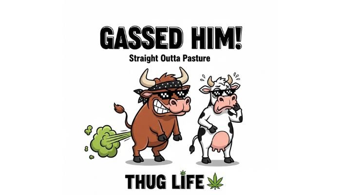 A cartoon of a bull with a bandana and sunglasses farting a green cloud, while a cow with sunglasses holds its nose. The text "GASSED HIM!" and "THUG LIFE" are also in the image.
