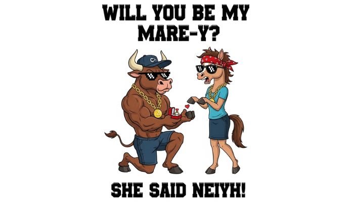 A cartoon of a muscular bull in a backward hat, sunglasses, and a gold chain, kneeling to propose with a ring to a female horse who is also wearing sunglasses and a bandana. The text says "Will you be my Mare-y?" and "She said Neiyh!".