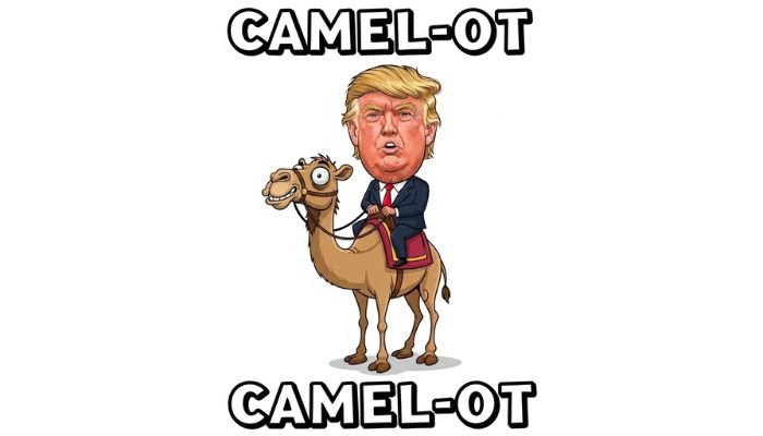 A cartoon of Donald Trump riding a camel with the text "CAMEL-OT".