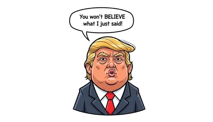 A cartoon of Donald Trump dancing with exaggerated movements.