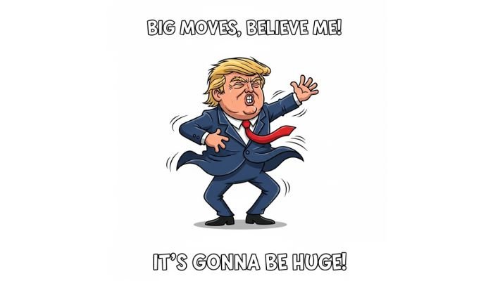 A cartoon of Donald Trump dancing with his arm in the air.