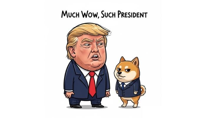 A cartoon of Donald Trump standing next to a Shiba Inu dog in a suit.
