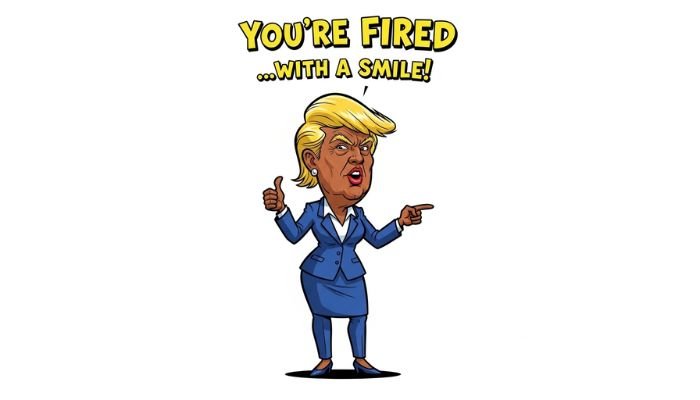 A cartoon of a Black female version of Trump with the text "You're Fired...with a smile!".
