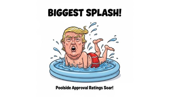 A cartoon of Donald Trump swimming in a small inflatable pool.